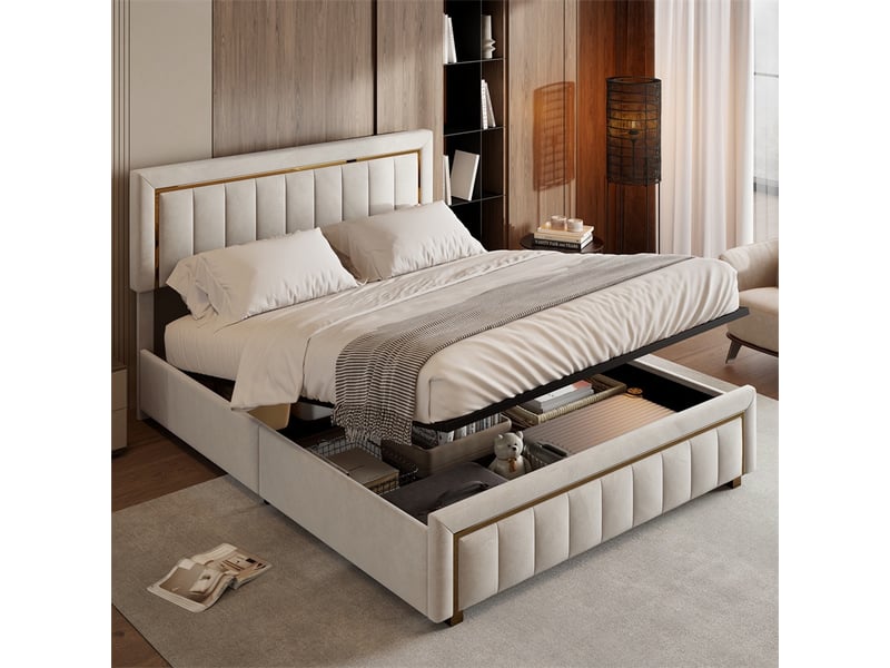  Lit 160x200 cm - lit coffre 160x200 cm - lit double capitonné avec tête de lit réglable et liseré doré - velours blanc cassé  - Conforama D