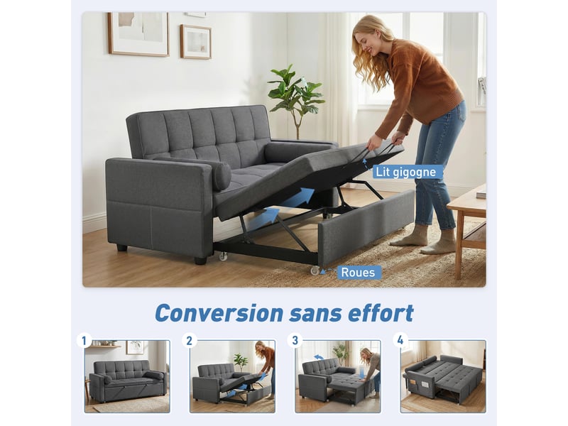  Canapé convertible 2 places 3 en 1 canapé-lit avec lit gigogne double dossier réglable 2 coussins gris 80,5x137,5x84cm  - Conforama A