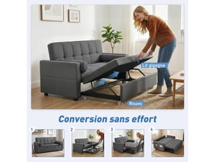 Canapé convertible 2 places 3 en 1 canapé-lit avec lit gigogne double dossier réglable 2 coussins gris 80,5x137,5x84cm