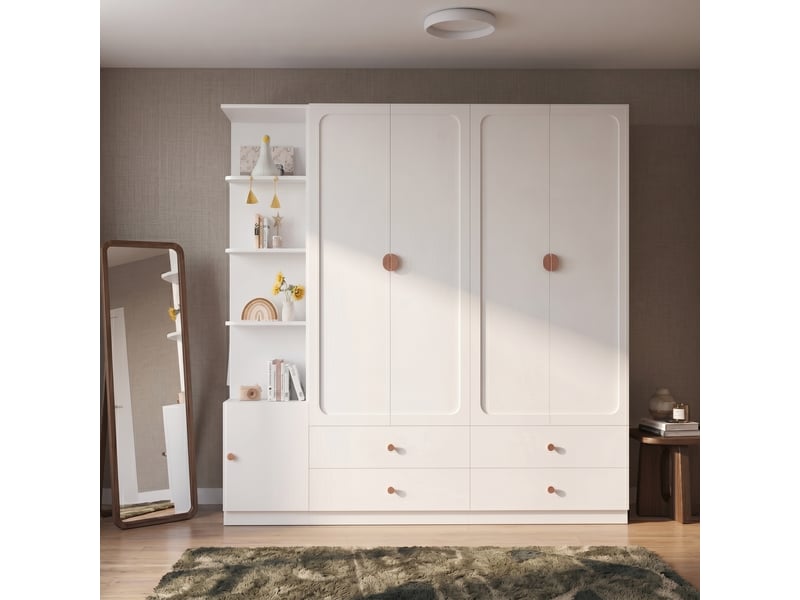 Armoire de chambre blanche 225x200x45 cm avec 3 penderies et 4 tiroirs en bois massif et mdf  - Conforama E