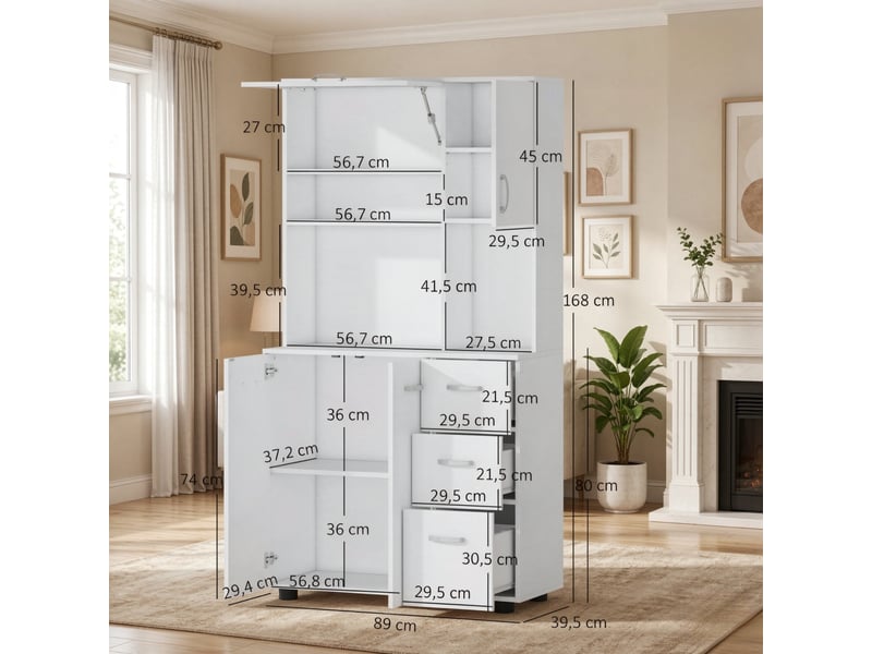  Buffet de rangement - meuble de cuisine avec diverses options de rangement, étagère indépendante spacieuse avec tiroir, blanc  - Conforama D