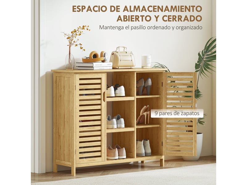  Armoire de rangement en bambou à lattes, 2 portes, étagères et compartiments ouverts, 100 x 33 x 86 cm, naturel  - Conforama E
