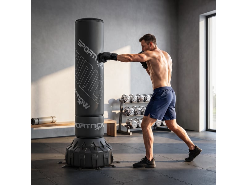  Sac de frappe autoportant de 180 cm, avec base à ventouses, lestable, amortisseur de chocs, gants inclus, pour l'entraînement à la boxe  - Conforama D