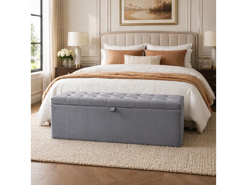  Banc coffre tcqpz en velours gris 138 x 41 x 42 cm avec rangement  - Conforama B