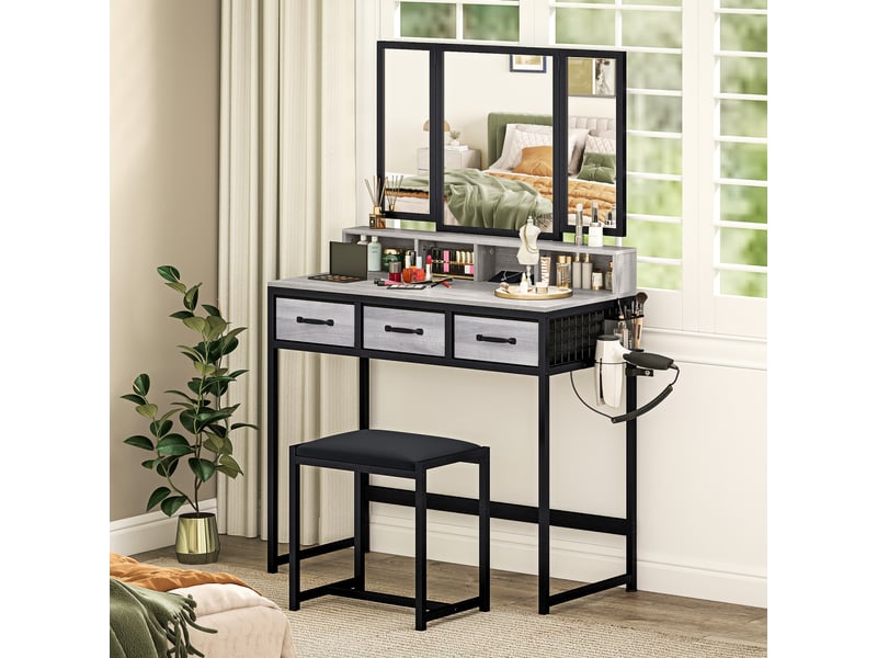  Coiffeuse avec miroir triptyque amovible, tabouret, 3 tiroirs en tissu, support pour sèche-cheveux, grise  - Conforama C