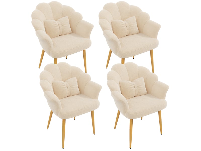 Lot de 4 fauteuils 64x65,5x85 cm, dossier pétale, accoudoirs, coussins, pieds en fer doré, tissu teddy beige - Conforama A
