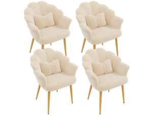 Lot de 4 fauteuils 64x65,5x85 cm, dossier pétale, accoudoirs, coussins, pieds en fer doré, tissu teddy beige