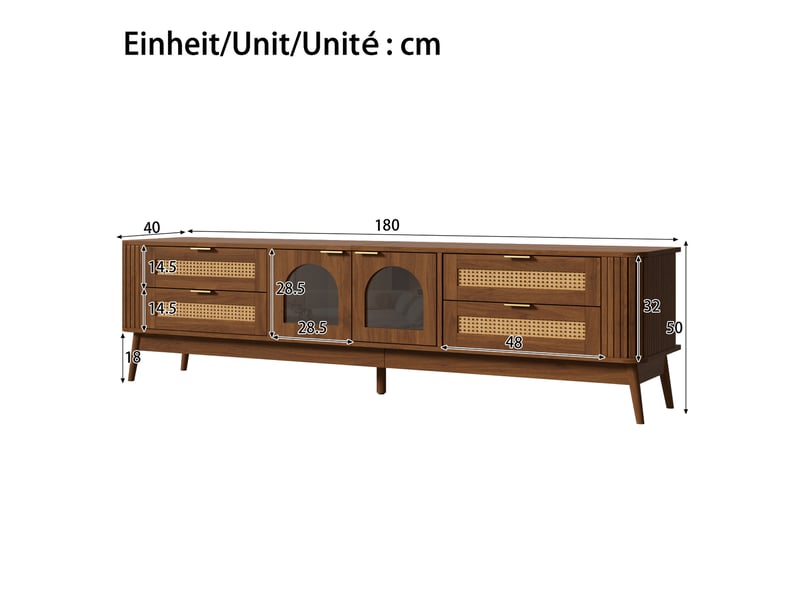  Meuble tv bas 180x40x50 cm, 4 tiroirs, portes vitrées, led, effet cannage Fay Lum - Conforama C