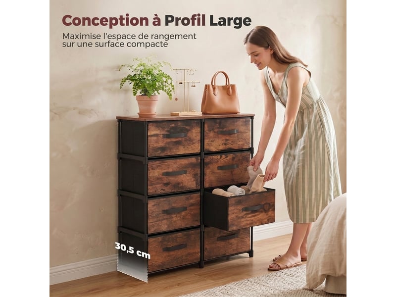  Commode en tissu 8 tiroirs avec porte-manteau, style industriel marron rustique, meuble de rangement 100 cm  - Conforama E