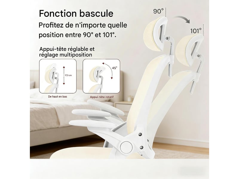  Fauteuil de bureau ergonomique avec appui-tête et accoudoirs 3d beige T5828P493341 - Conforama B