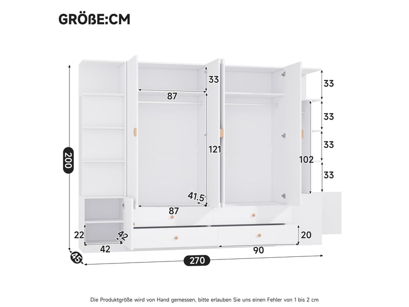  Armoire 6 portes 270 x 45 x 200 cm, portes battantes, 4 tringles à vêtements, 4 tiroirs, grand espace de rangement, blanc Bliss Lite - Conforama C