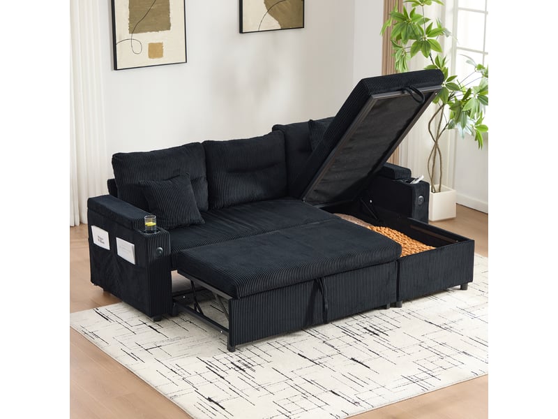  Canapé 3 places,212.5x136x86 cm,avec méridienne et usb-c,velours côtelé,noir  - Conforama B
