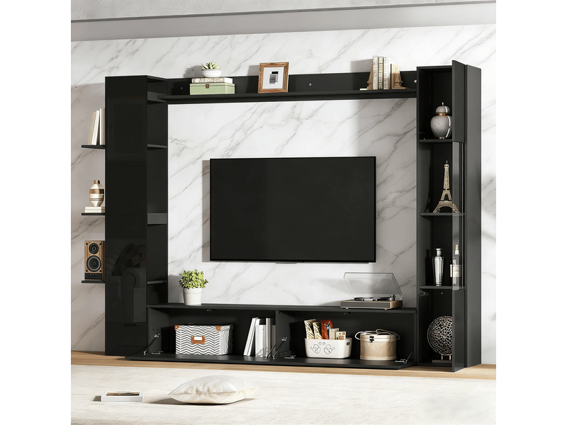  Ensemble meuble salon complet meuble tv mural noir 245 cm avec vitrine et rangements  - Conforama E