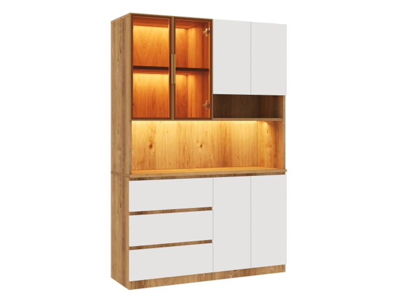 Meubles de cuisine, vitrines de cuisine avec éclairage led, meubles multifonctionnels avec 3 tiroirs, 6 portes et étagères pour ranger la vaisselle, micro-ondes intégré. Dimensions : l 120,5 × p 40 × h 180 cm - Conforama E