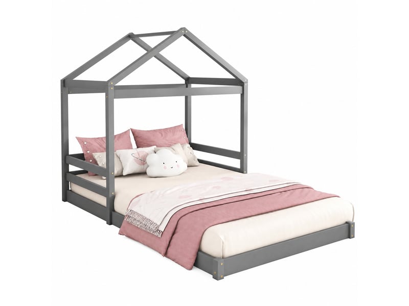  Lit enfant cabane 140x200 cm avec sommier à lattes coloris gris  - Conforama A
