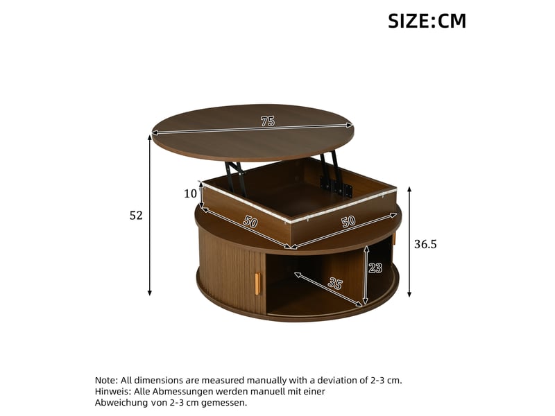  Table basse relevable avec led, 2 portes roulantes et rangements pour salon, 75 × 75 × 52 cm  - Conforama D
