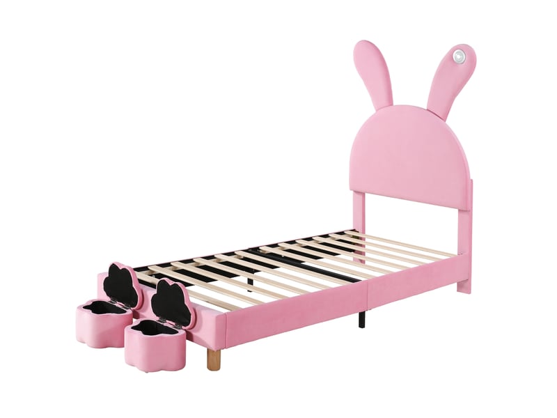  Lit capitonné 90x200 rose velours français avec rangement et oreilles de lapin - éclairage led  - Conforama R