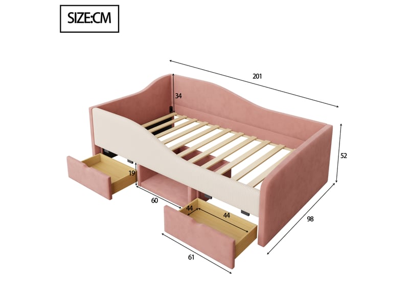  Lit rembourré tcqpz 90 x 190 cm avec deux tiroirs rangement velours rose et blanc  - Conforama C