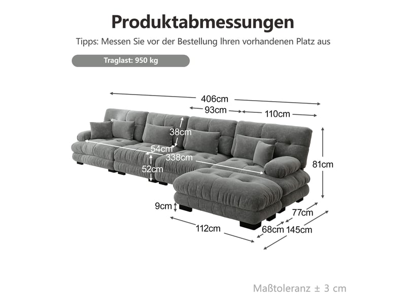 Canapé d’angle panoramique 4 places en tissu gris, 406 cm, modulable W3325S00066 - Conforama E