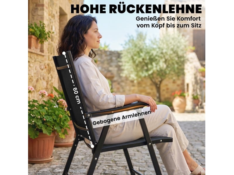  Lot de 2 chaises de jardin pliantes en métal noir avec dossier haut et accoudoirs, en tissu texteline  - Conforama B