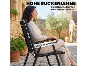 Lot de 2 chaises de jardin pliantes en métal noir avec dossier haut et accoudoirs, en tissu texteline