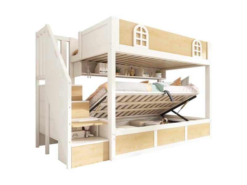 Lit superposé enfant 90x200 cm avec escalier de rangement lit double blanc et bois nature gain de place - Conforama A