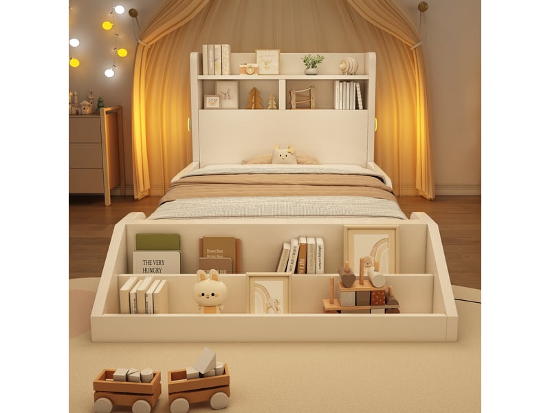 Lit enfant 90x200 cm en bois avec étagères, veilleuses led et bibliothèque amovible, lit avec rangement pour chambre enfant - blanc (sans matelas)  - Conforama C