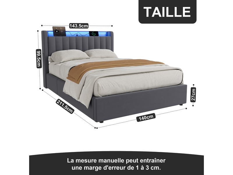  Lit 140x190 cm avec rangement, usb et led gris foncé  - Conforama C