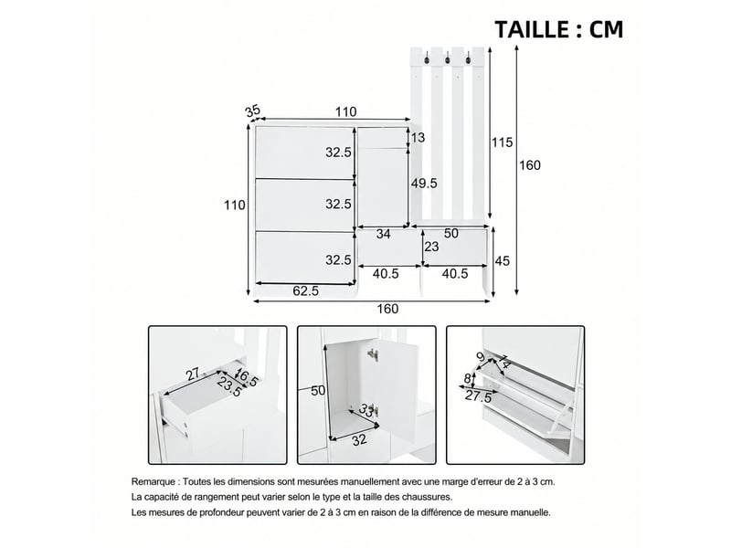 Meuble d’entrée 7 en 1 avec banc et patères, 3 abattants, 160 x 35 x 160 cm, blanc - Conforama D