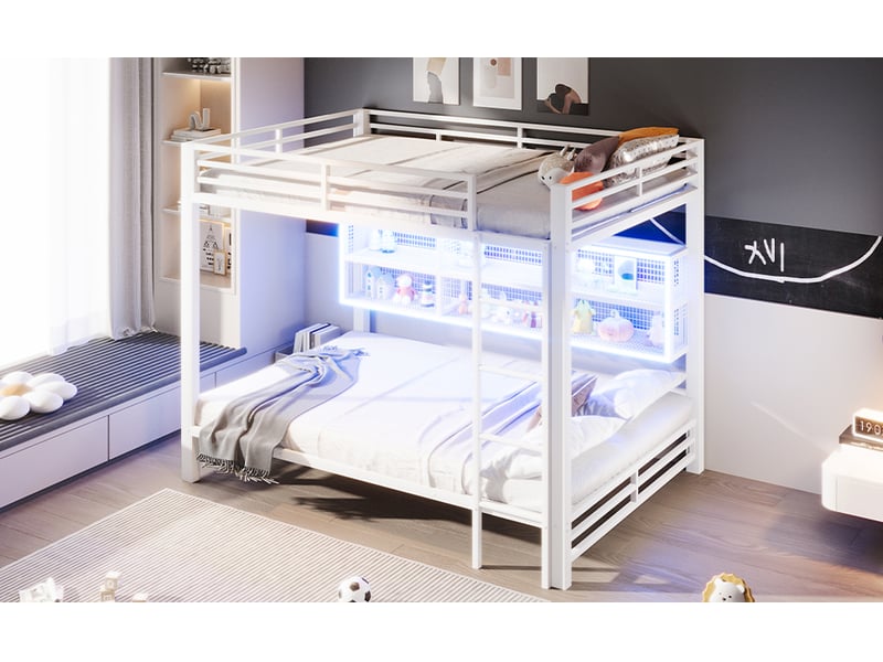 Lit mezzanine 140 × 200 cm, armoires de rangement, led, garde-corps hauts, échelle et lattes, métal robuste, blanc - Conforama B