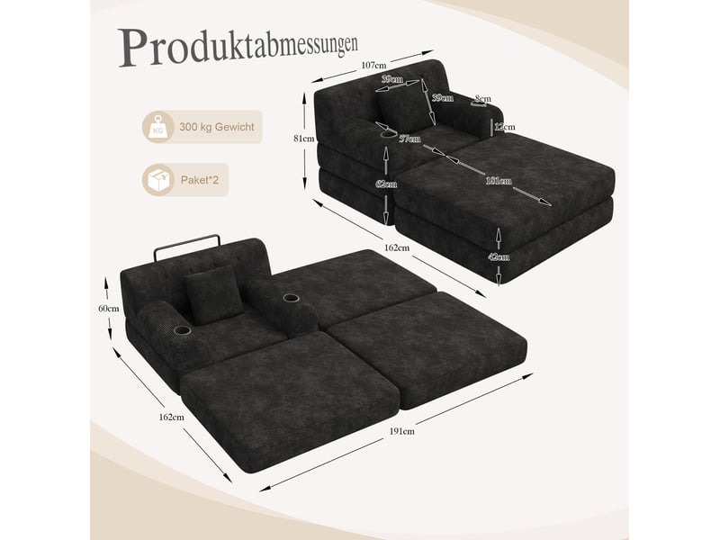 Canapé convertible compressé 1 place en velours côtelé noir, avec 4 poches et 2 porte-gobelets - Conforama C