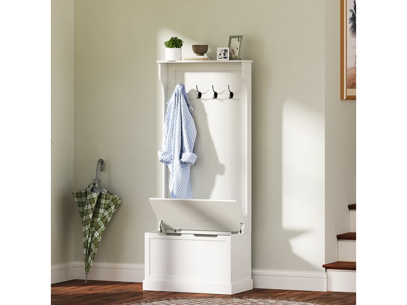  Porte-manteau avec banc de rangement pour chaussures, 4 crochets, style moderne, 71,5 x 39,5 x 170 cm, blanc  - Conforama D