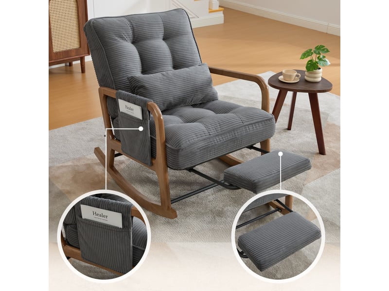  Fauteuil à bascule de salon 70x80x92cm – rocking chair avec repose-pieds rétractable, dossier inclinable et oreiller lombaire – velours côtelé - gris  - Conforama D