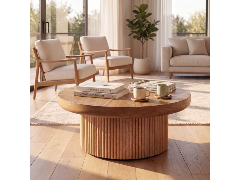 Table basse ronde ulevr à plateau parquet épais 8 cm, ø 78 x h 38,5 cm, base cylindrique cannelée, bois naturel  - Conforama E