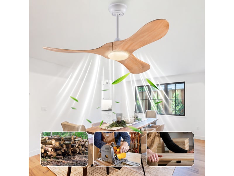 Ventilateur de plafond 42 pouces avec éclairage et télécommande, 3 pales en bois massif, 3cct, dimmable, réversible, 6 vitesses, fonction minuterie mémoire - Conforama D