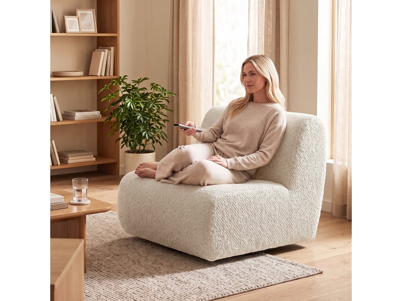  Fauteuil lounge design arrondi pivotant tissu chenille beige  - Conforama D
