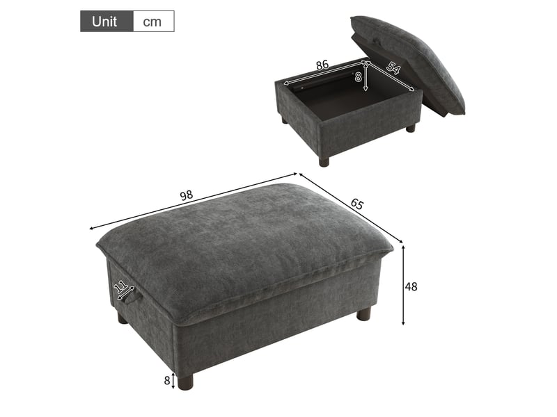  Pouf avec rangement 98 x 65 x 48 cm, repose-pieds en chenille gris, pieds de 8 cm  - Conforama C
