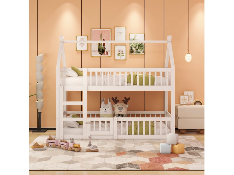  Lit superposé enfant 90x200 cm avec escalier, barrières et cadre blanc  - Conforama D