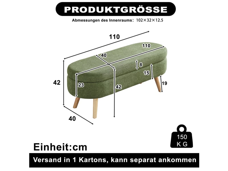  Banc de lit coffre 110x40x42 cm, rangement, banc d'entrée, bout de lit, pour chambre, salon ou couloir, chenille, vert  - Conforama C