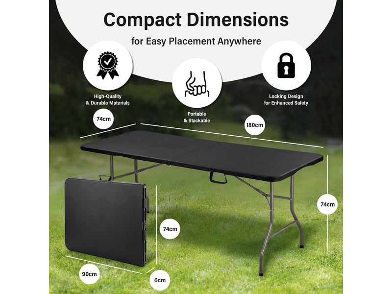  Table pliante 180 x 74 x 74 cm, 6 ou 8 places, table pliante d'extérieur avec verrou de sécurité, poignée de transport noir  - Conforama C