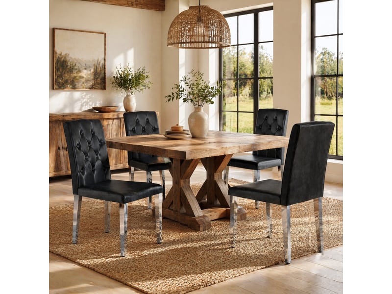  Chaises de salle à manger lot de 4 dossier capitonné  - assise mousse, simili cuir noir et métal argenté  - Conforama C