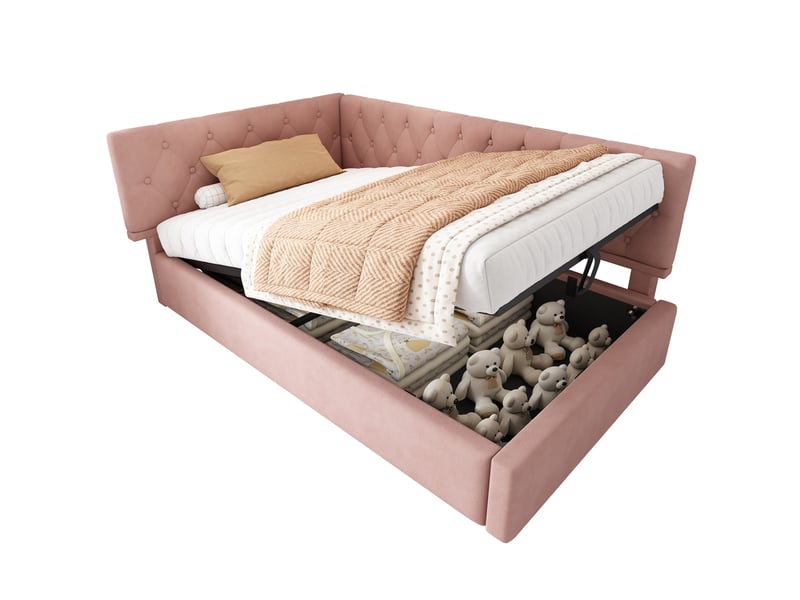  Lit banquette 90x200 velours rose - lit coffre avec rangement hydraulique et sommier  - Conforama A