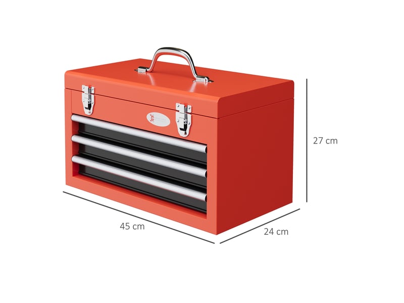 Caisse à outils 45 x 24 x 27 cm rouge en acier, 3 tiroirs, compartiment supérieur et poignée de transport - Conforama C