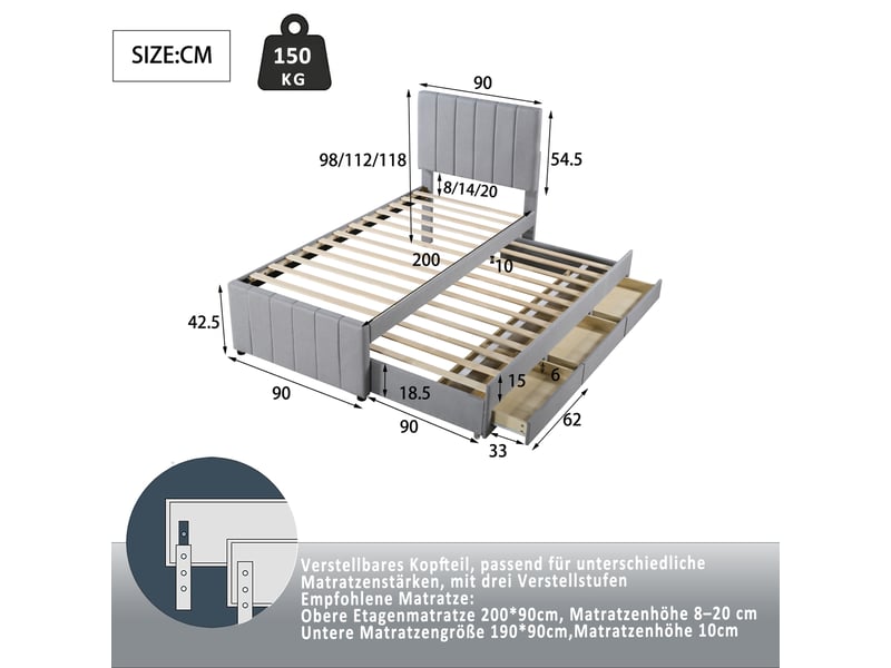  Lit enfant gigogne 90x200 cm en tissu gris, lit 90x190 et 3 tiroirs de rangement, sommier à lattes  - Conforama C