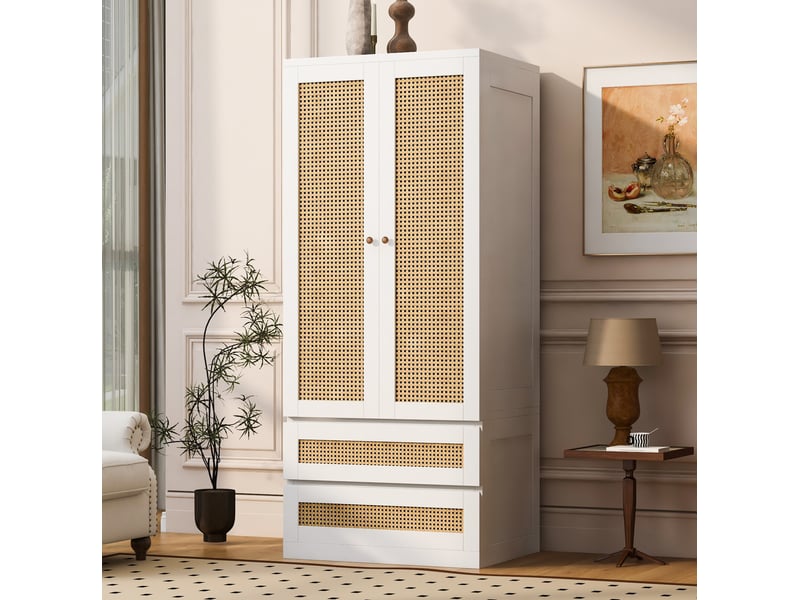 Armoire avec 2 portes, 2 tiroirs et grande niche, portes aspect rotin pour chambre, en bois blanc, 70 × 55 × 170 cm - Conforama B