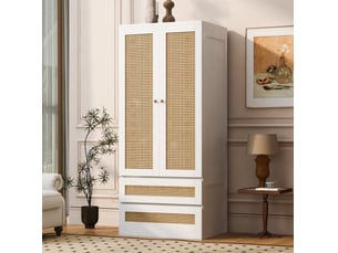 Armoire avec 2 portes, 2 tiroirs et grande niche, portes aspect rotin pour chambre, en bois blanc, 70 × 55 × 170 cm