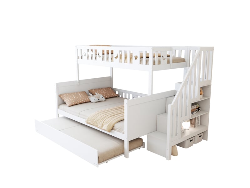 Lit superposé enfant 90x200 cm + 140x200 cm avec gigogne et rangements, mdf et pin, blanc, sans matelas - Conforama A