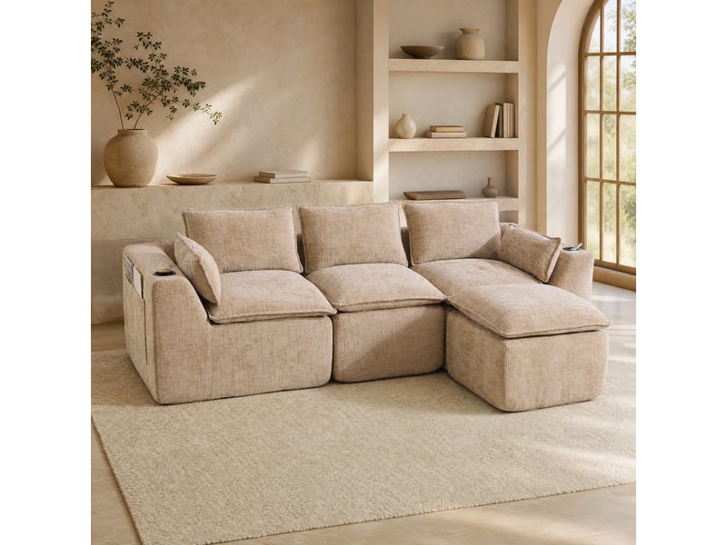  Canapé modulable 3 places modenvie avec pouf, coussins et porte-gobelet, tissu chenille taupe, 256 x 161 x 75 cm  - Conforama B