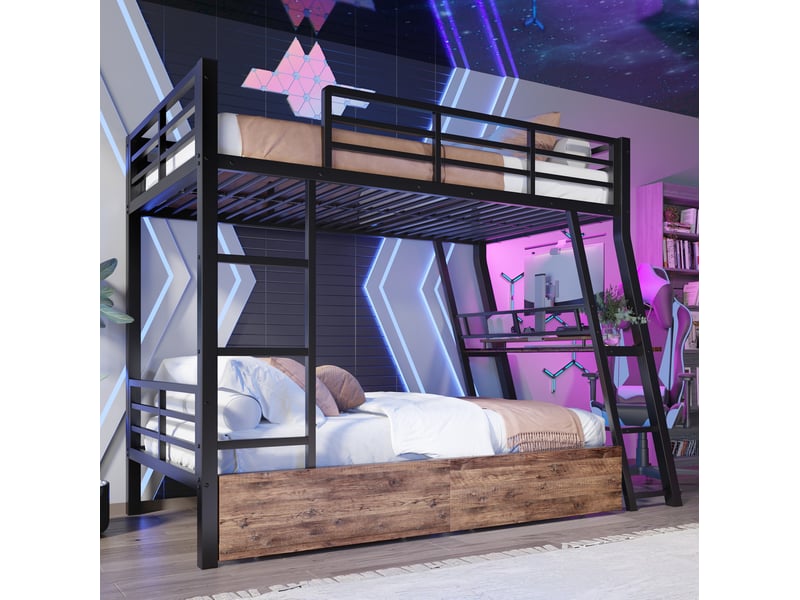 Lit mezzanine 90 x 200 cm en métal avec bureau, tiroirs, led et escalier noir - Conforama B