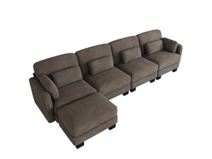 Canapé d'angle modulable - 4 places - forme l - 1 ottoman - coussins d'accoudoirs - tissu chenille - mobilier de salon - brun